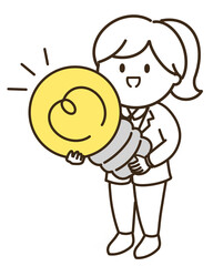 電球を持ってなるほどと閃いている女性のゆるかわイラスト