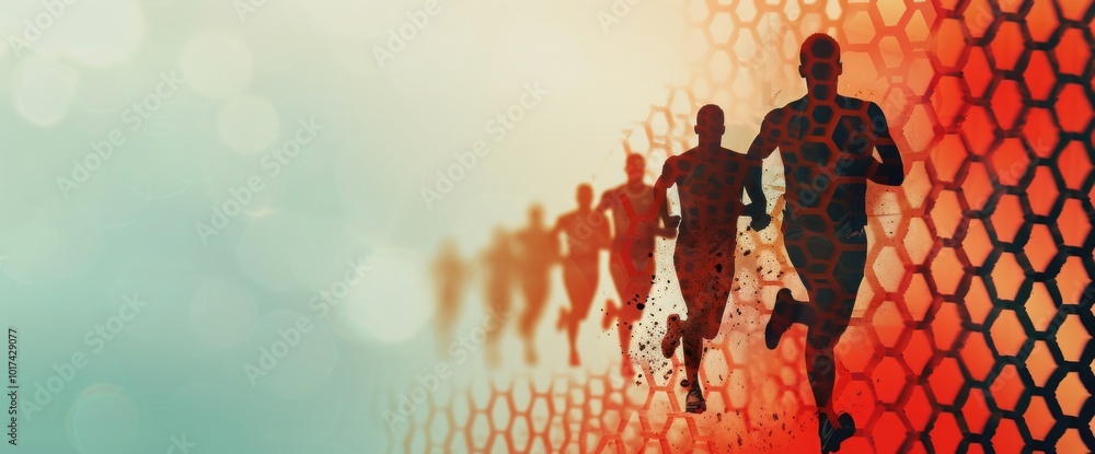 Poster dynamic motion of runners capturing the essence of speed and endurance in a vibrant abstract setting