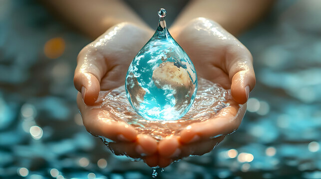 Hands Holding Earth in Water Droplet Symbolizing Environmental Conservation