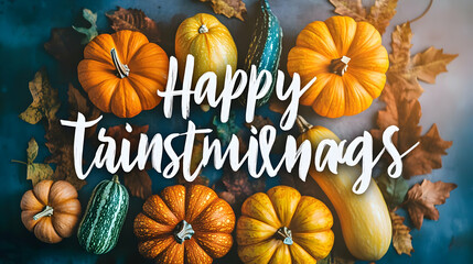 Autumn Pumpkins and Leaves Arrangement with Happy Text