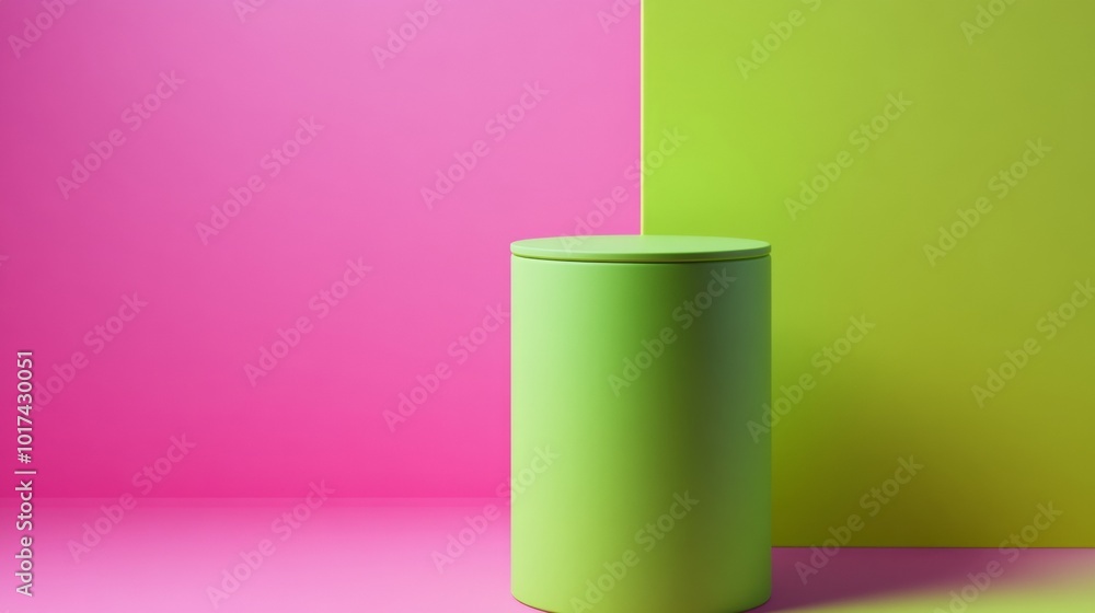 Poster Modern Neon Green and Pastel Pink Minimalist Setup with Cylindrical Object Against Color Block Background