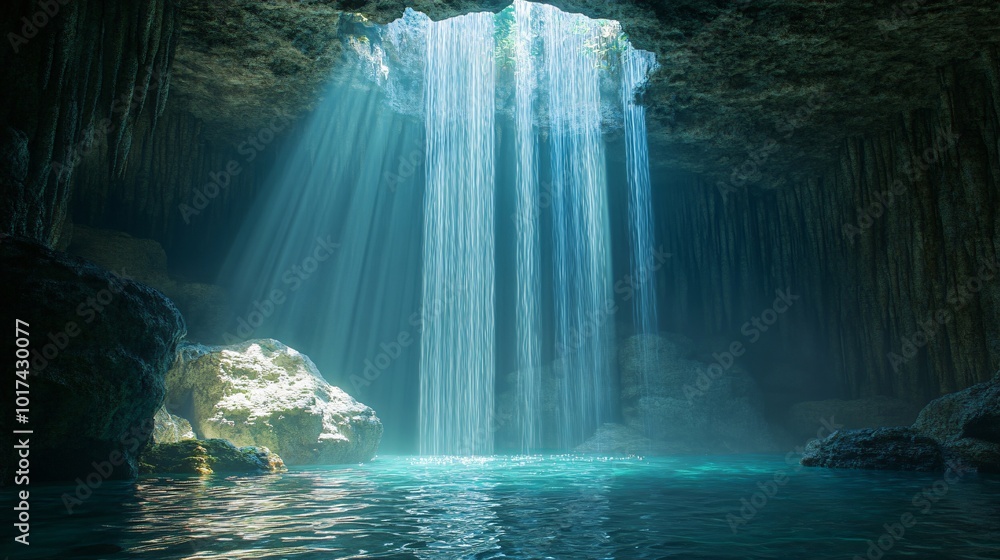 Poster sunbeams illuminate a waterfall cascading into a hidden cave pool.