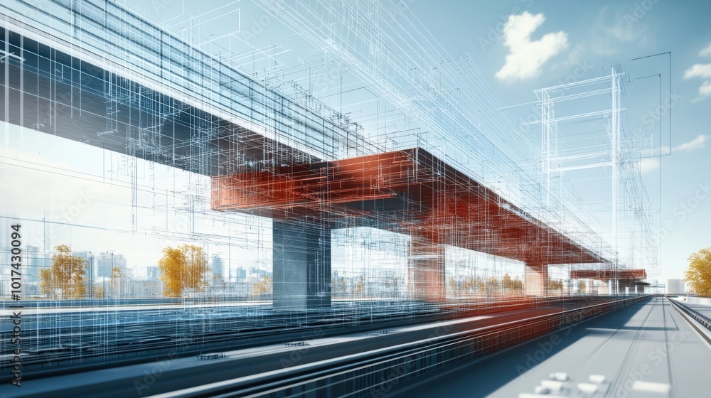 Poster digital architecture rendering of a bridge project, complete with blueprints and 3d model elements, 