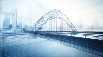 Fototapeta premium Digital architecture rendering of a bridge project, complete with blueprints and 3D model elements, representing modern infrastructure planning