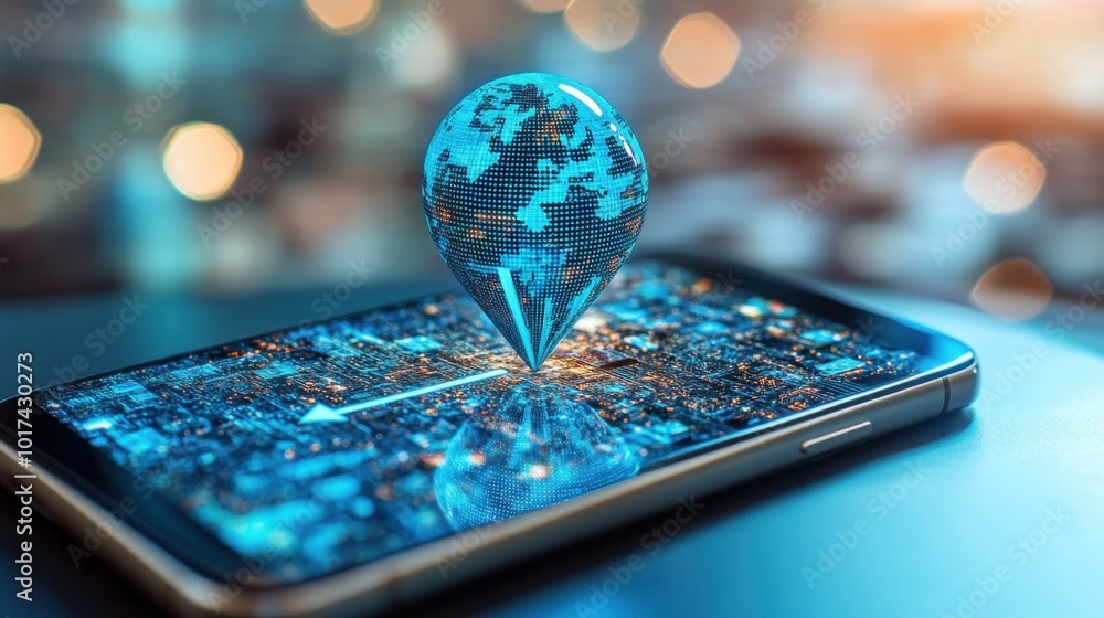 Poster digital world emerging from a smartphone, featuring a gps arrow pointing forward, blending technolog