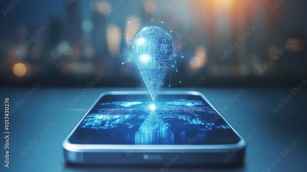 Poster digital world emerging from a smartphone, featuring a gps arrow pointing forward, blending technolog