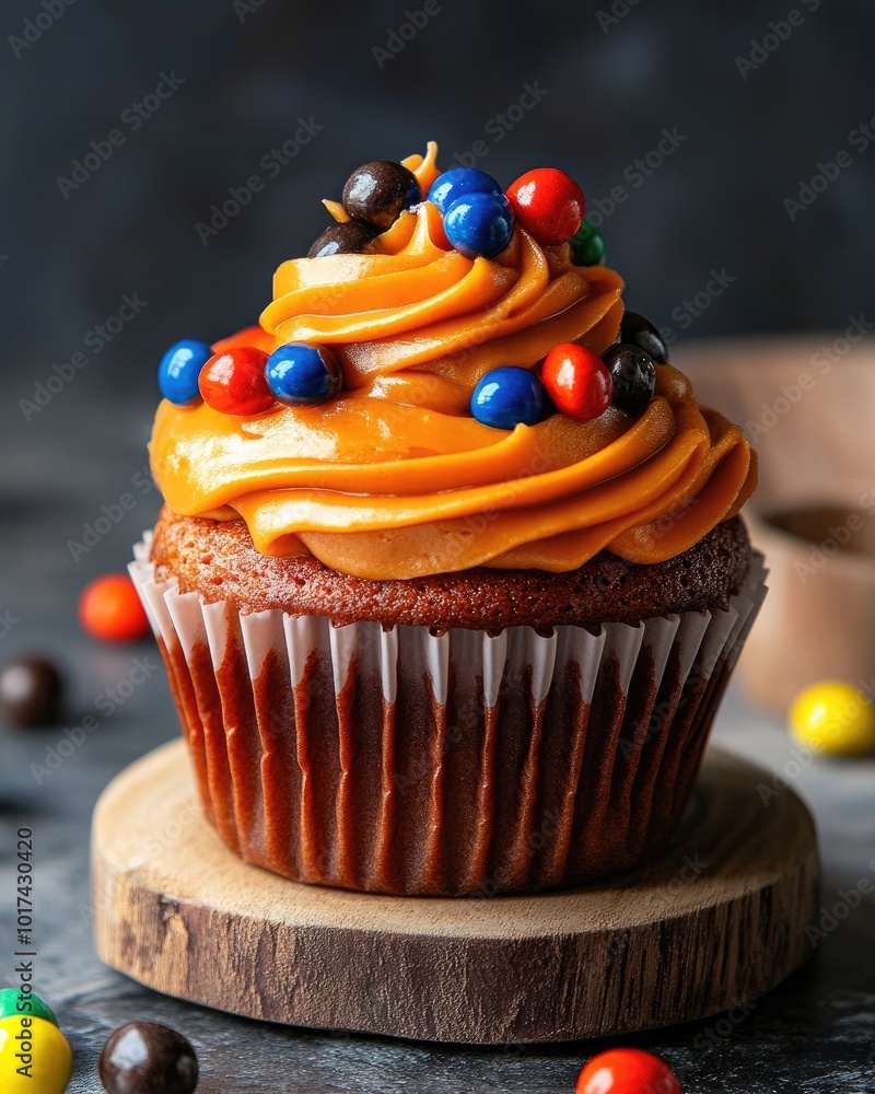 Wall mural Seasonal dessert pumpkin cupcake with colorful candies