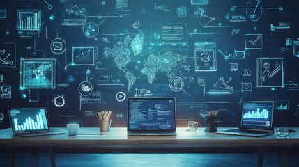 Education and online digital technology concept with e-learning tools, internet-based courses, and virtual classrooms on modern devices