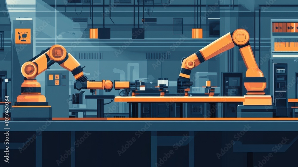 Poster factory floor with mechanized robots and robotic arms assembling products, automation and ai technol