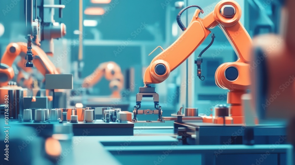 Poster factory floor with mechanized robots and robotic arms assembling products, automation and ai technol
