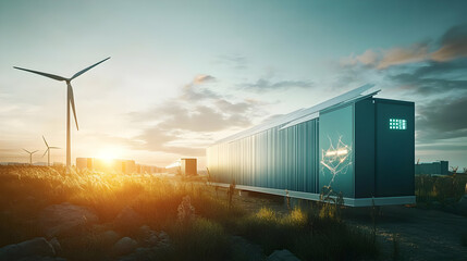 Obraz premium Renewable Energy Power Station Generating Clean Electricity from Solar and Wind Power at Sunset