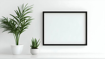 Blank Black Frame Mockup on White Wall with Plants for Minimal Design