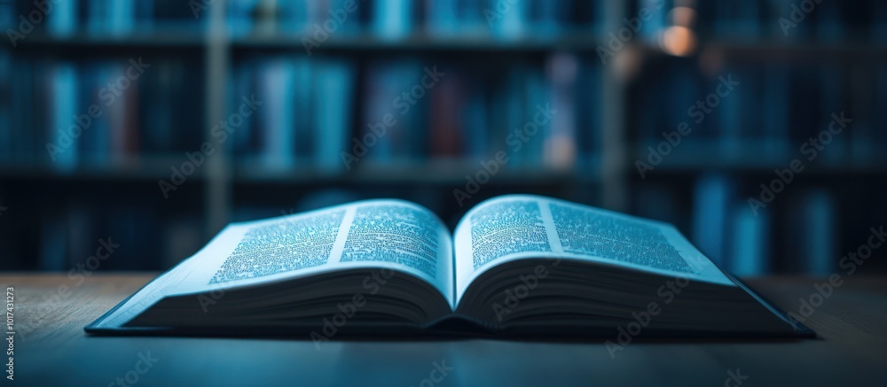 Poster open book on a wooden table in front of a bookshelf.
