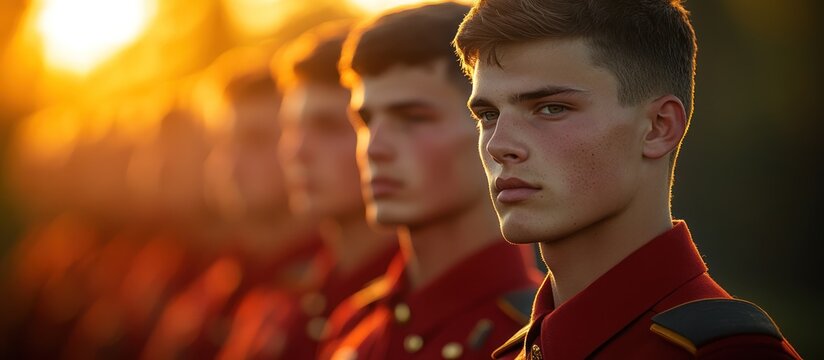 A group of young men in red uniforms stand in line, looking determined, with the sunset in the background.