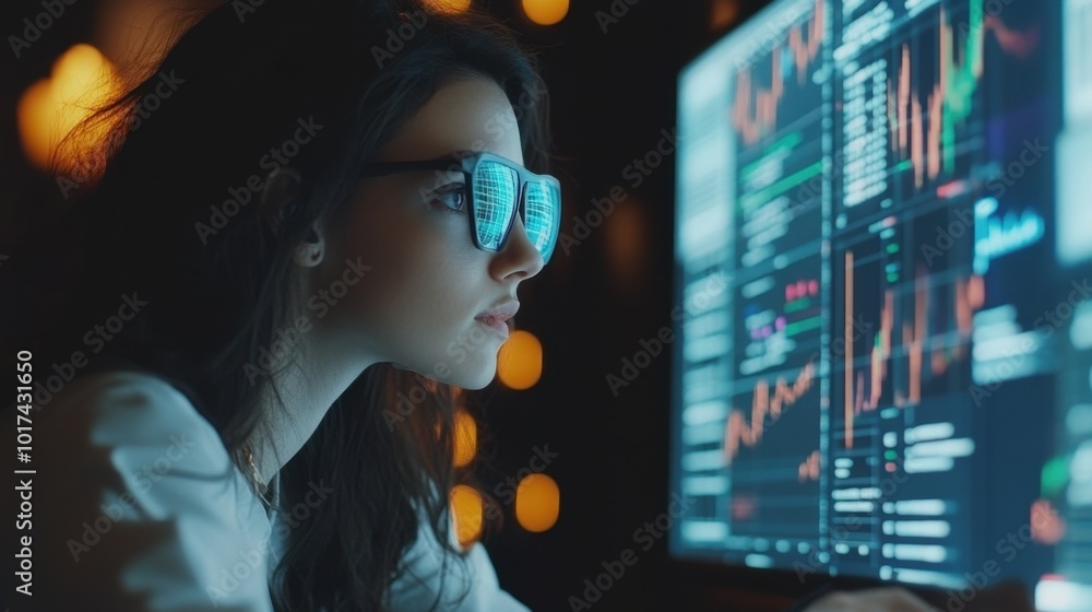 Aufkleber focused woman coding with holographic trading graphs and cybersecurity data, researching server secu