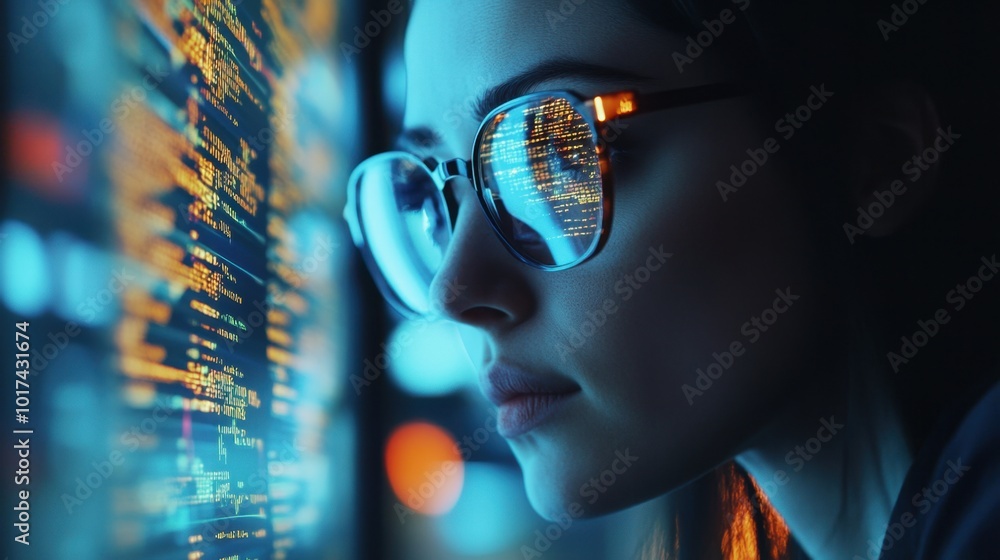 Aufkleber focused woman coding with holographic trading graphs and cybersecurity data, researching server secu