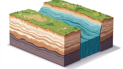 Cross-section illustration of geological layers beneath a river and land surface