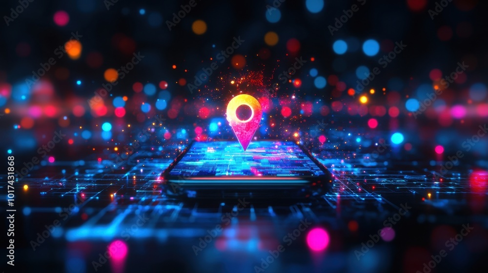 Poster futuristic concept of a digital world coming out of a smartphone screen, with a gps arrow symbolizin