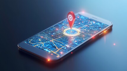 Futuristic concept of a digital world coming out of a smartphone screen, with a GPS arrow symbolizing forward navigation and technology