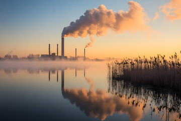 Industrial chimney during golden hour with reflected smoke on water.