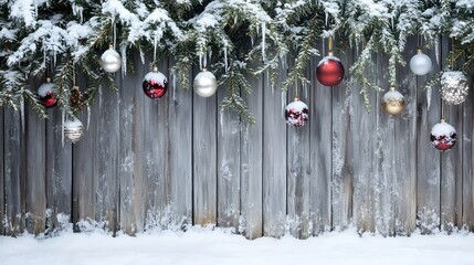 Snowy Evergreen Branch with Christmas Ornaments Hanging on Weathered Wooden Fence
