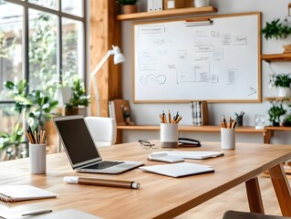 Minimalist Wooden Workspace with Laptop and Notebooks.