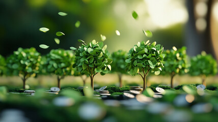 A vibrant forest of money trees shedding leaves creates whimsical scene of prosperity and growth. lush greenery and scattered coins evoke feelings of abundance and hope