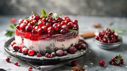 Seasonal Cranberry and Bilberry Cake with Winter Spices on Grey Stone