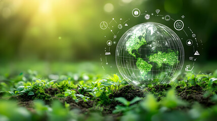 Green Globe with Digital Icons Represents Sustainability and Technology