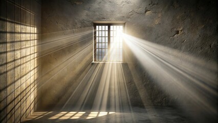 Fototapeta premium Asymmetrical light filtering through a foggy barred window