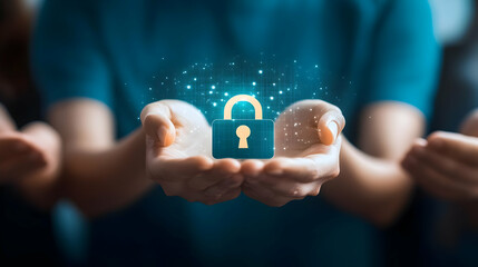 Two Hands Hold A Glowing Padlock Icon In A Secure Network, Emphasizing Data Protection