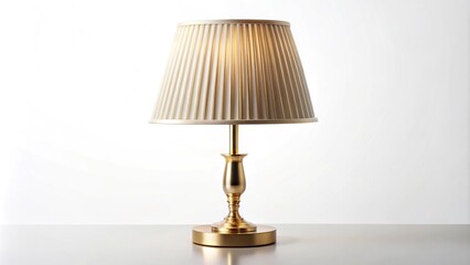 Asymmetrical gold table lamp with white pleated shade on white background