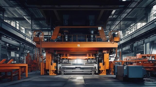Massive metal stamping machine in an industrial factory, pressing metal with hydraulic power in an automated production line