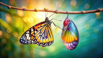 Asymmetrical colourful butterfly emerging from cocoon