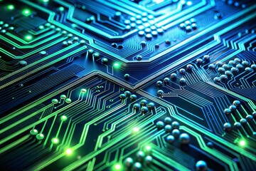 Close-up circuit board with green and blue glowing lines