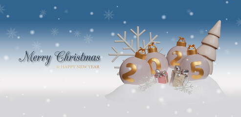 Merry Christmas 2025 greeting card. 3D illustration.