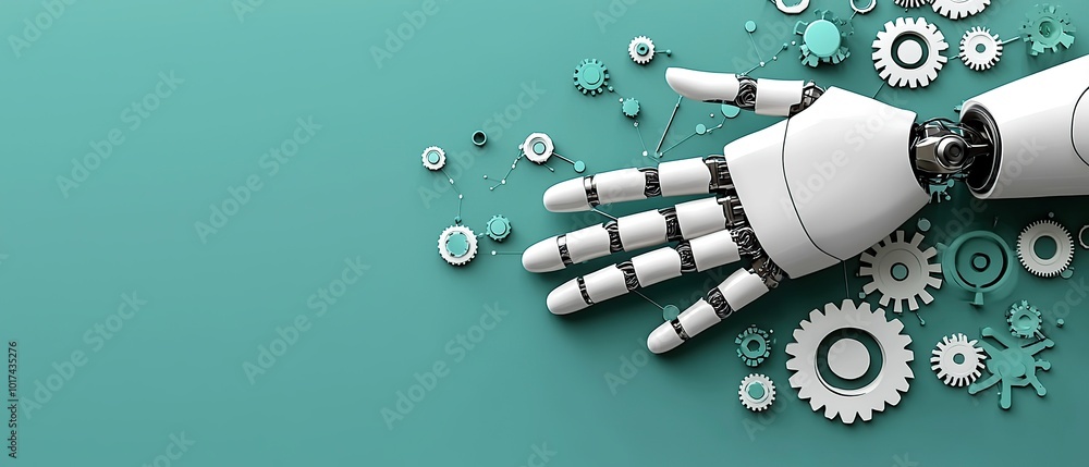 Poster a robotic hand reaching out with gears and cogs scattered around on a teal background.