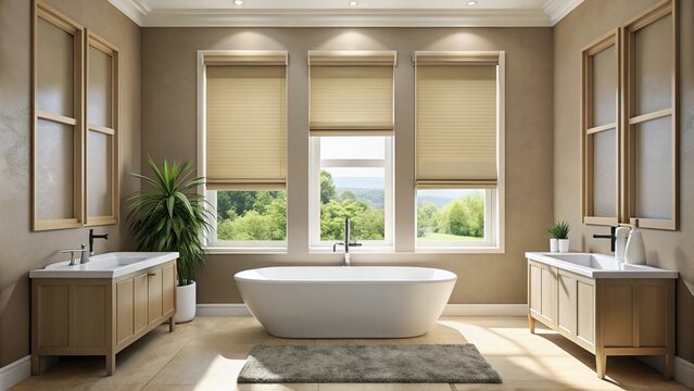 Asymmetrical beige blackout roller blind on windows in stylish modern bedroom shutters on plastic window