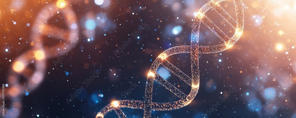 Poster luminous dna strands with floating particles in abstract design