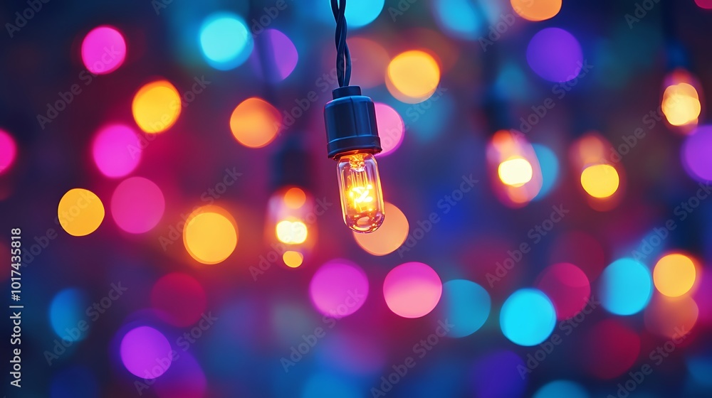 Poster A colorful light bulb hangs amidst a vibrant backdrop of bokeh lights, creating a festive and captivating atmosphere.