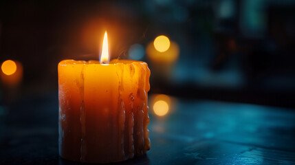 Close-up of a melting candle with a flickering flame and smoke rising against a dark background