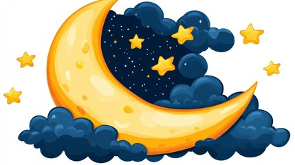 Crescent moon and stars in the night sky with dark clouds