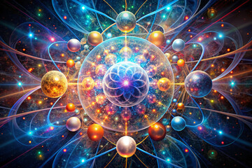 vibrant abstract digital art piece depicting subatomic particles, showcasing cosmic scene filled with colorful orbs and energetic waves. artwork evokes sense of wonder and exploration in realm of