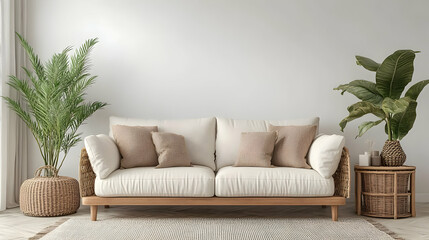 A White Couch with Throw Pillows Sits in a Living Room with Plants and Wicker Decor