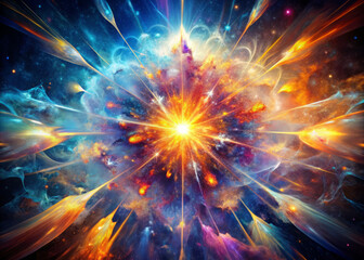 vibrant explosion of colors and light, this abstract digital art captures essence of supernova, showcasing radiant bursts and swirling cosmic elements