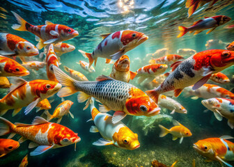 Naklejka premium Vibrant koi fish swim gracefully underwater, creating mesmerizing scene filled with color and movement. Their lively patterns and shimmering scales enhance beauty of aquatic environment