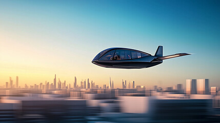 Sleek electric air taxi hovering above futuristic city skyline, smooth aerodynamic design, golden hour sunlight, modern transportation concept.