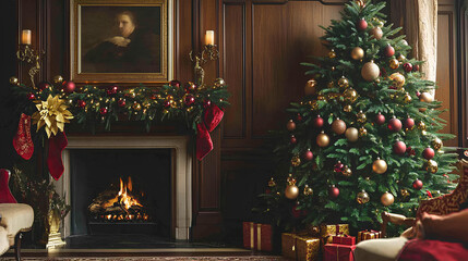 A decorated Christmas tree, a fireplace with a fire, and a traditional living room with wood paneling.
