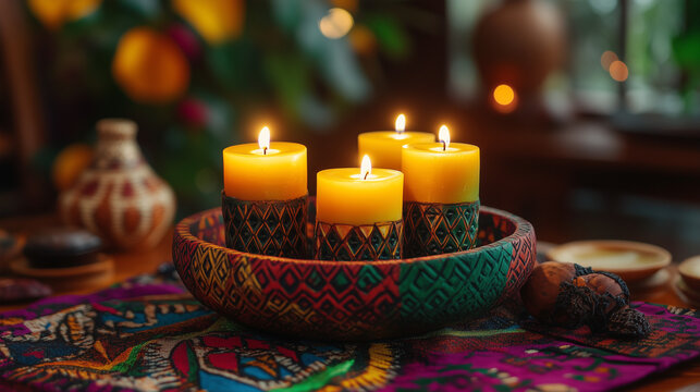 Kinara with lit candles ready for Kwanzaa celebration on a decorative table with warm tones
