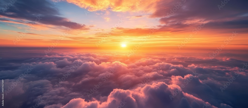 Poster a scenic view of fluffy clouds illuminated by the setting sun.